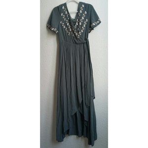 FLORAL AND GREEN HIGH/LOW DRESS WITH WAIST TIE
